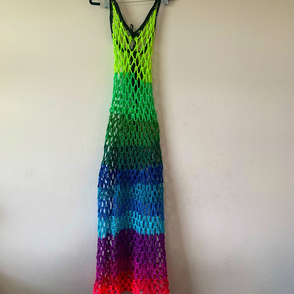 Women’s Crochet Rainbow Maxi Women’s Corseted Back Swimsuit Cover-up Dress XXL